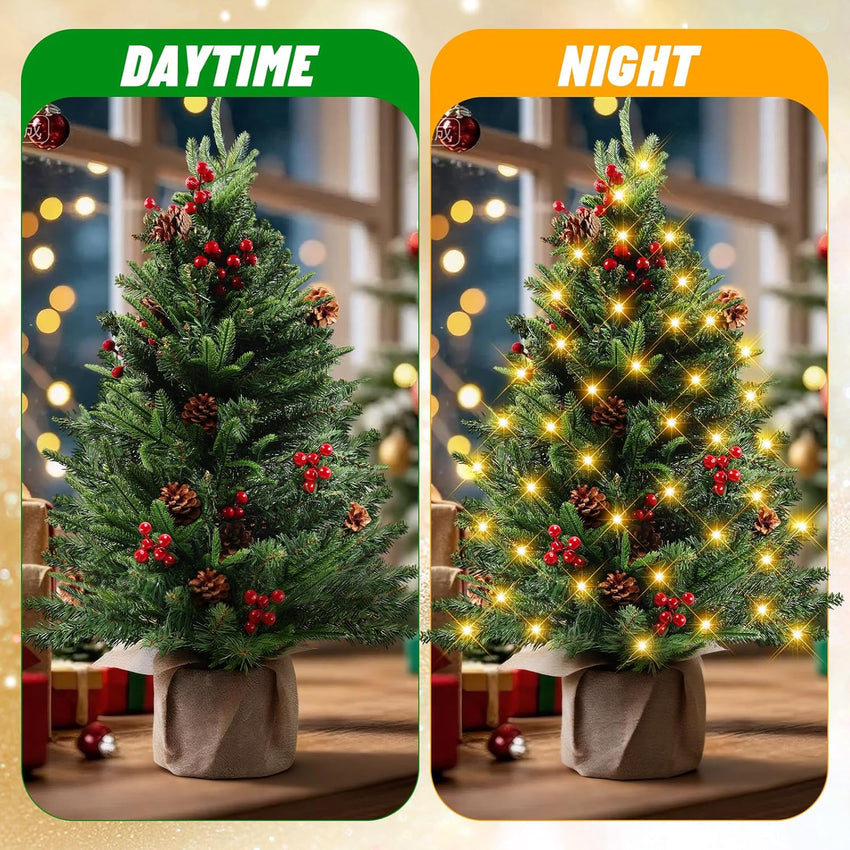 MaxEarn 60CM Mini Christmas Tree with 50 LED String Lights, DIY Artificial Christmas Tree with Star and Red Bowknots, Pine Cones and Red Berries Decoration for Xmas, Home, Kitchen, Dining Table Decor