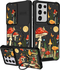 for Samsung Galaxy S21 Ultra Case - [2in1] Women Girls Cute Mushroom Phone Cover Ring Holder Stand Girly Pretty Unique Fashion Slide Camera Cover Design for Samsung S21 Ultra Case 6.8"