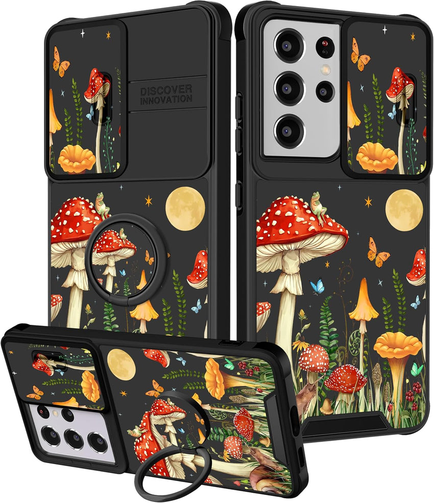 for Samsung Galaxy S21 Ultra Case - [2in1] Women Girls Cute Mushroom Phone Cover Ring Holder Stand Girly Pretty Unique Fashion Slide Camera Cover Design for Samsung S21 Ultra Case 6.8"