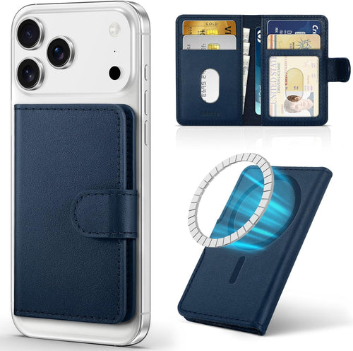 SHIELDON Magnetic Card Holder, Genuine Leather, RFID Blocking, 6 Card Slots, ID Window, Slim Pocket Wallet Compatible with iPhone 16/15/14/13/12 & Magnetic Cases - Navy Blue