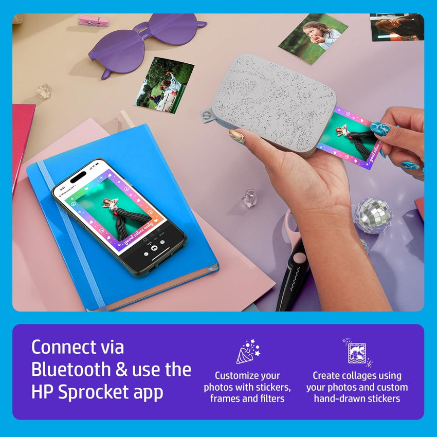 HP Sprocket 2x3 (5.1x7.5 cm) Instant Smartphone Photo Printer, Portable Color Wireless Mobile Printer, Zink Sticky-Back Photos, Print from App on Compatible iOS & Android Devices with Bluetooth, White