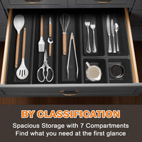JEHONN Cutlery Drawer Organiser, Utensil Tray for Kitchen Flatware, Adjustable Large Silverware Holder, Compact Plastic Storage Divider with 7 Compartment for Spoons Forks Knives (Black)