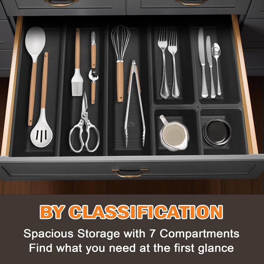 JEHONN Cutlery Drawer Organiser, Utensil Tray for Kitchen Flatware, Adjustable Large Silverware Holder, Compact Plastic Storage Divider with 7 Compartment for Spoons Forks Knives (Black)