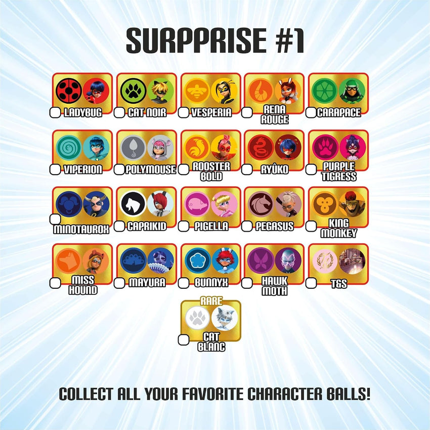 Miraculous Ladybug Age 3+, 4-1 Capsule Collectible Toy, Surprise Miraball with expanding Plush Kwami, Collectible Character Metal Case, Glittery Stickers & hanging Display Ribbon
