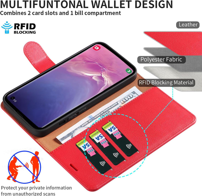 STAWLKA Case for Samsung Galaxy S10, Premium PU Leather Flip Magnetic Buckle Wallet Case Kickstand Blocking RFID Shockproof Protective Phone Cover for Samsung Galaxy S10 - Red