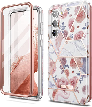 SURITCH Compatible with Samsung Galaxy S23 Plus Case [Built-in Screen Protector] Natural Marble Full Body Protection Cover Rugged Bumper Shockproof Case for Samsung Galaxy S23 Plus(Marble Rose)