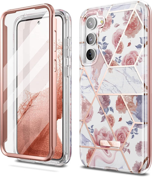 SURITCH Compatible with Samsung Galaxy S23 Plus Case [Built-in Screen Protector] Natural Marble Full Body Protection Cover Rugged Bumper Shockproof Case for Samsung Galaxy S23 Plus(Marble Rose)