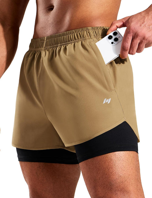 2-in-1 Men's Running Shorts 5in Quick-Dry Compression Liner Pockets 3 inch Khaki 3XL