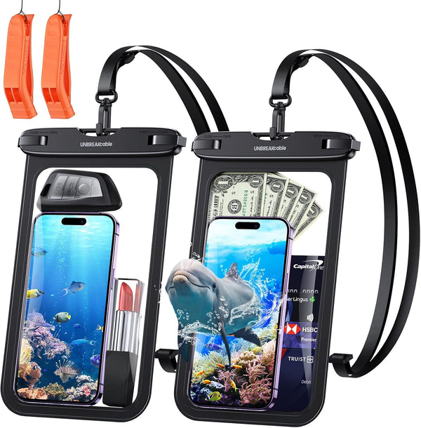 UNBREAKcable Large Waterproof Phone Pouch-2 Pack IPX8 Waterproof Phone Case for iPhone 16 15 14 13 12 11 Pro Max & Samsung S25 S24 S23-Dry Bag & Travel Essentials for Beach, Pool, Kayak & Cruise-9"