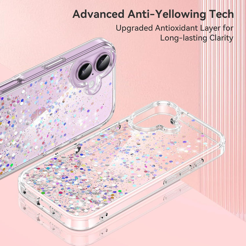 ivencase Clear Glitter Case Compatible with iPhone 17 Case with 2 Tempered Glass Screen Protector, Non-Yellowing [Shockproof] [Anti-Scratch] Slim Sparkly Bling Star Transparent Cover for iPhone 17