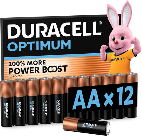 DURACELL Optimum AA Batteries (12 Pack) - Alkaline Batteries 1.5V - 200% More Power Boost Actives - Meets Demands Of Modern Devices - 100% Recyclable, 0% Plastic Packaging - MX1500