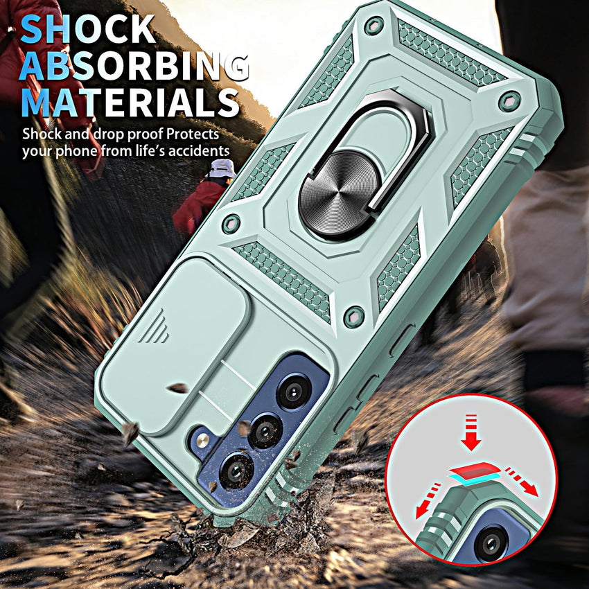 for Samsung Galaxy S21 FE Case with Camera Cover Slider, 2*Screen Protectors,Build in 360^0Rotating Ring Kickstand, Military Grade Protective Case for Galaxy S21 FE 5G 6.4"-Green