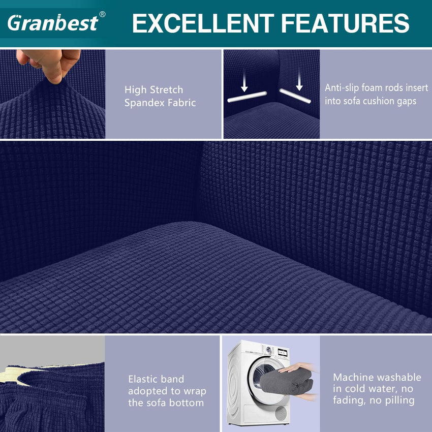 Granbest High Stretch Sofa Covers 2 Seater Super Soft Loveseat Cover Universal Couch Covers Jacquard Sofa Cover for Dogs Non Slip Furniture Protector Machine Washable (2 Seater, Navy Blue)