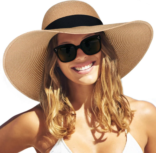 FURTALK Womens Sun Straw Wide Brim UPF 50 Summer Foldable Roll up Floppy Beach Hat for Women Khaki