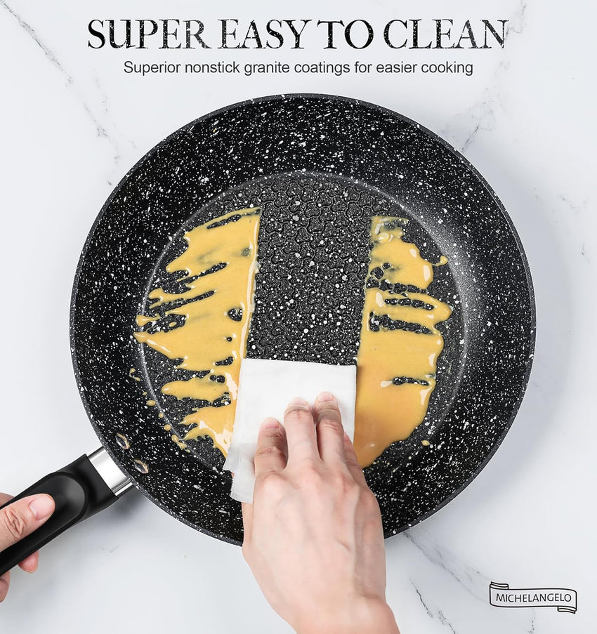MICHELANGELO 20cm Small Frying Pan with Lid, Non Stick Frying Pan with Lid 20cm, Egg Frying Pan with Nonstick Stone Coating, Healthy & Non-Toxic Granite Frying Pan, Black