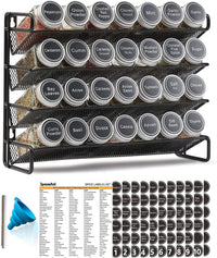 SpaceAid 4 Tier Spice Rack Organizer with 28 Spice Jars, 386 Spice Labels, Chalk Marker and Funnel Set for Cabinet, Countertop, Pantry, Cupboard or Door & Wall Mount