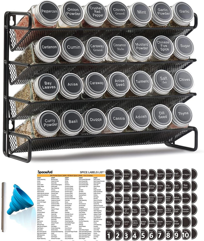 SpaceAid 4 Tier Spice Rack Organizer with 28 Spice Jars, 386 Spice Labels, Chalk Marker and Funnel Set for Cabinet, Countertop, Pantry, Cupboard or Door & Wall Mount