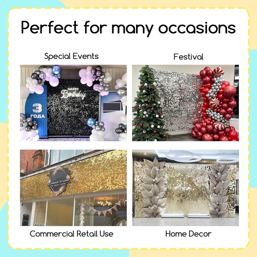 Kelfara Silver Shimmer Wall Backdrop, 24 Pcs Square Sequin Wall Backdrop Panels, Photo Backdrops for Birthday, Anniversary, Wedding, Baby Shower, Graduation & Bachelorette Party Decoration