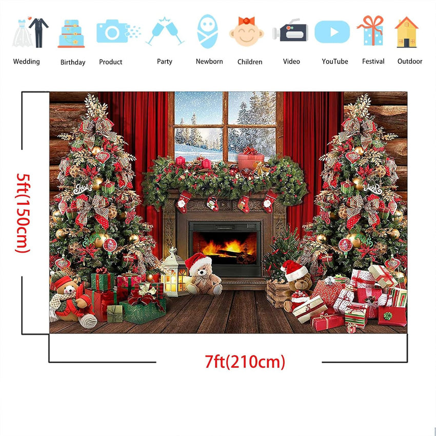 Avezano Christmas Fireplace Backdrop Xmas Tree Gifts Wooden Window Background Holiday Family Party Decorations Happy New Year Xmas Baby Shower Kids Birthday Party Portrait Banner(7ft x 5ft)