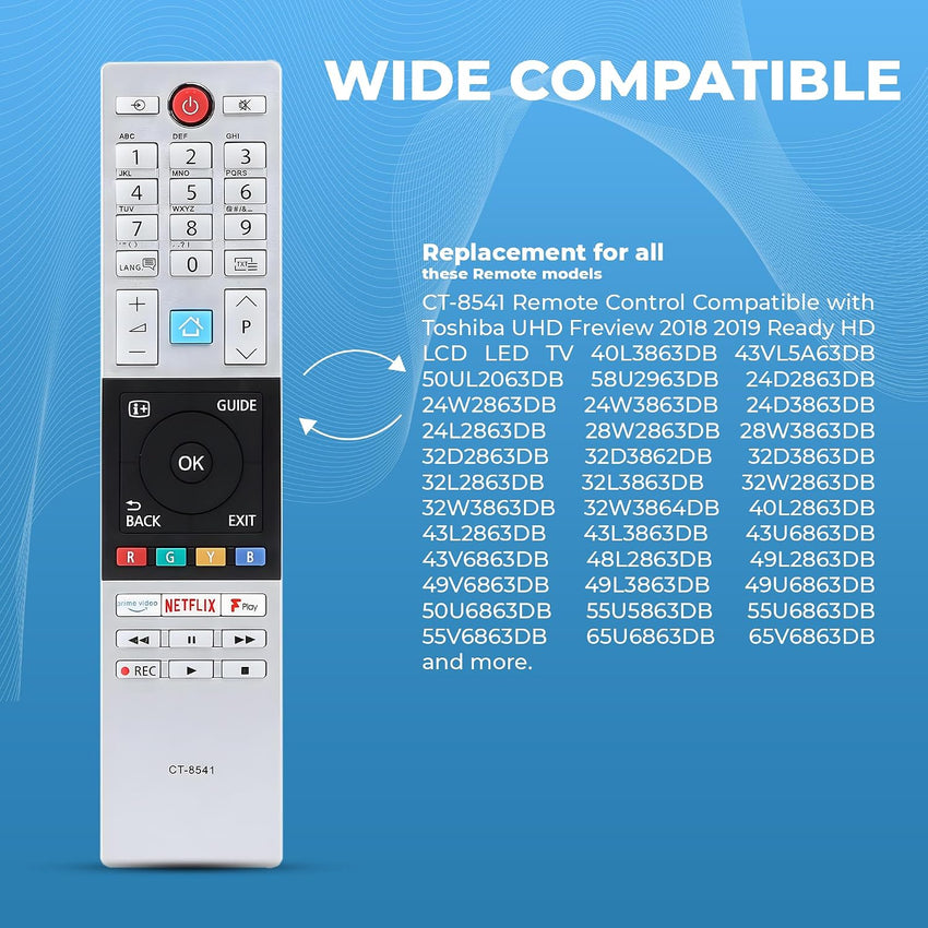 Updated Toshiba Remote Control CT854 RC42150P Compatible with Toshiba UHD Freview 2018 2019 Ready HD LCD LED TV with shortcut buttons Prime Video, Netflix, F play Buttons, No Setup Required