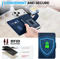 SHIELDON Magnetic Card Holder, Genuine Leather, RFID Blocking, 6 Card Slots, ID Window, Slim Pocket Wallet Compatible with iPhone 16/15/14/13/12 & Magnetic Cases - Navy Blue