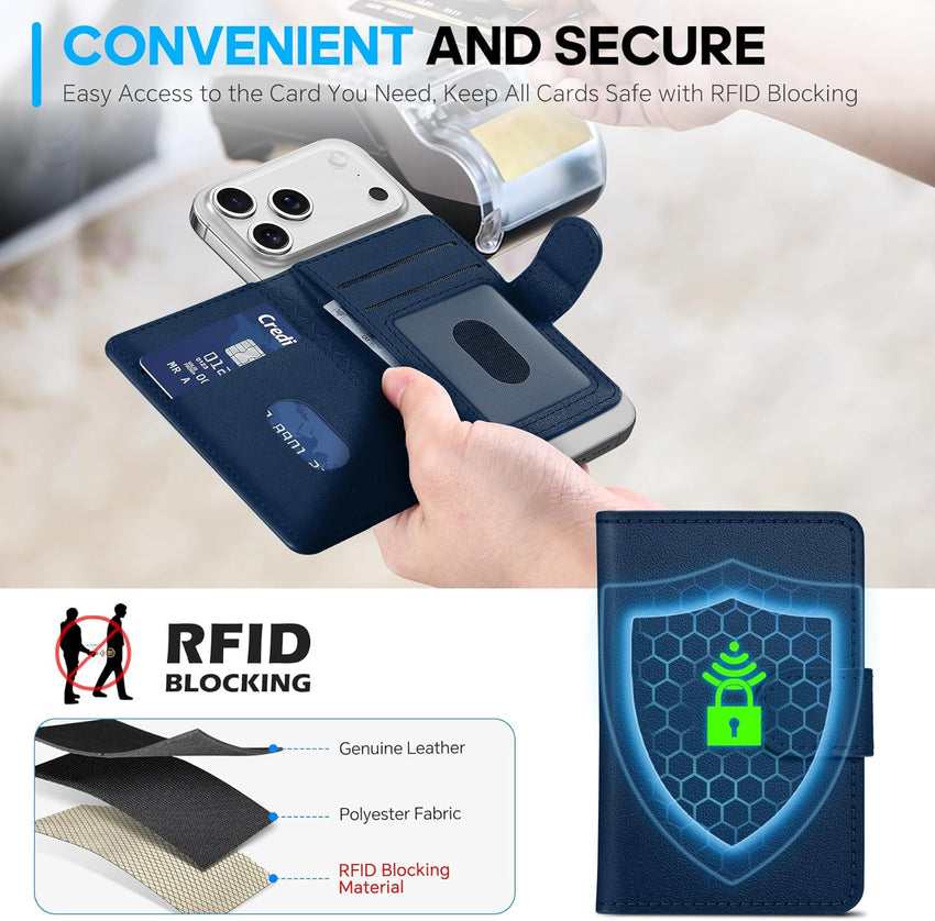 SHIELDON Magnetic Card Holder, Genuine Leather, RFID Blocking, 6 Card Slots, ID Window, Slim Pocket Wallet Compatible with iPhone 16/15/14/13/12 & Magnetic Cases - Navy Blue