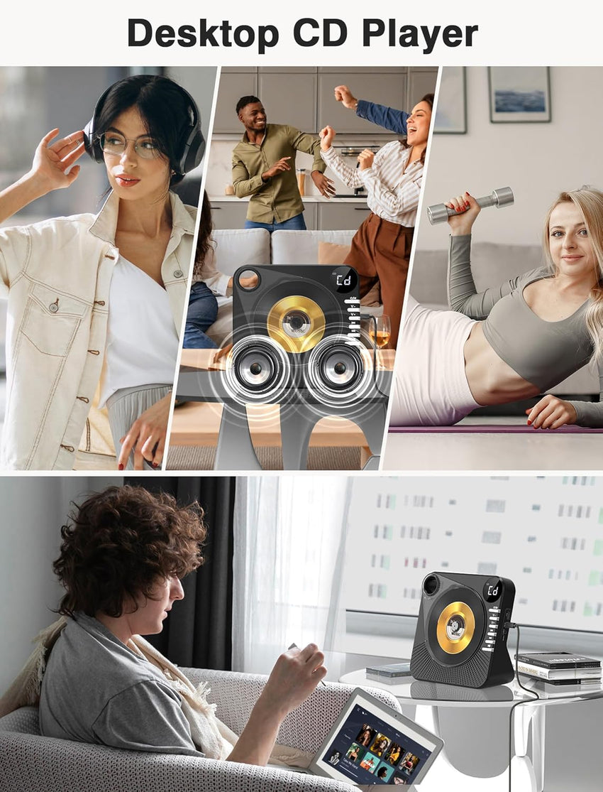 Portable CD Player with Bluetooth 5.0, Greadio Desktop CD Players for Home, CD Music Player with Speakers, Remote Control, Dust Cover, FM Radio, LCD Display, AUX, USB, Headphone Jack