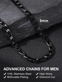 Menâs Figaro Chain Necklace 9mm Flat Stainless Steel 20in Hip Hop Style â Black