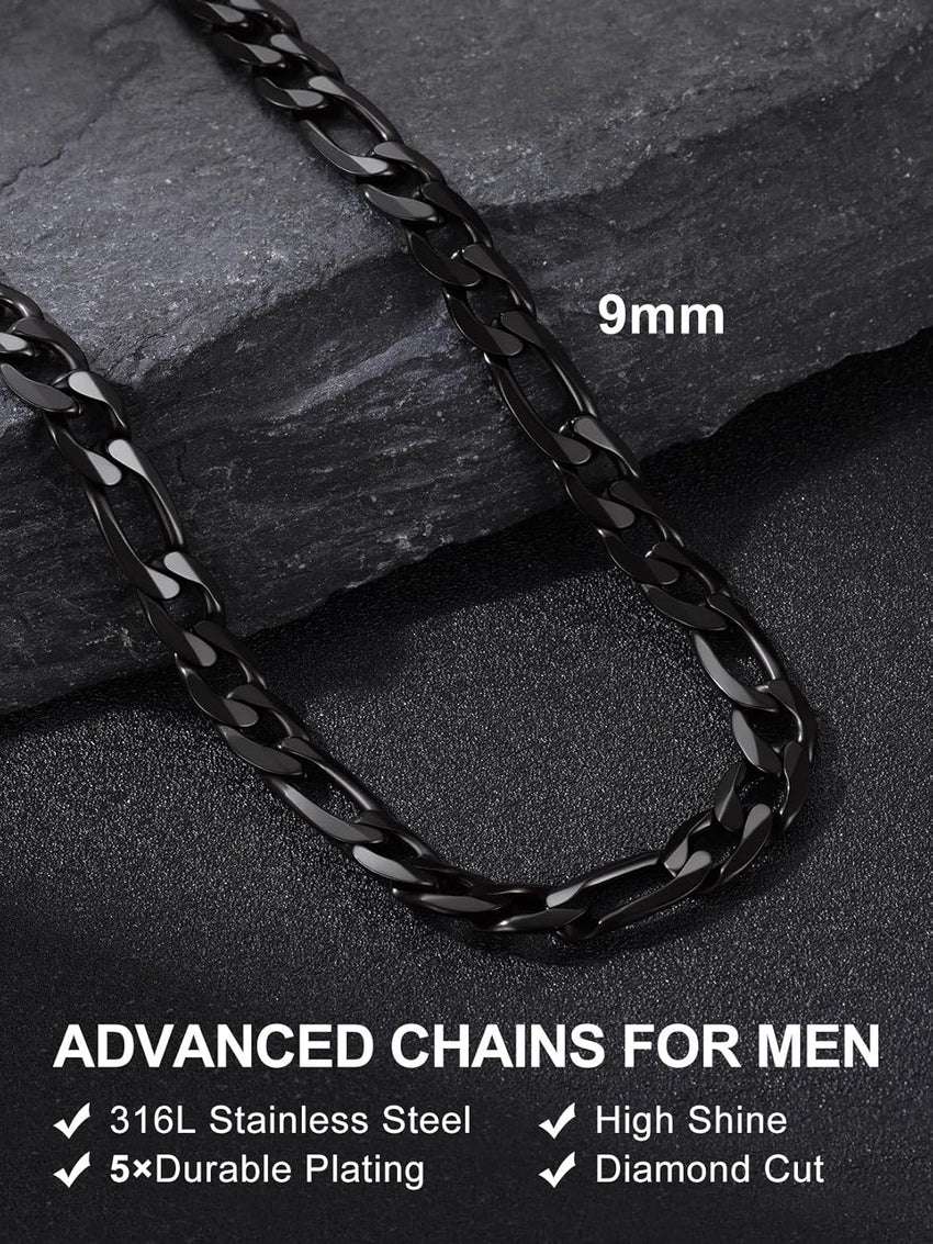 Menâs Figaro Chain Necklace 9mm Flat Stainless Steel 20in Hip Hop Style â Black