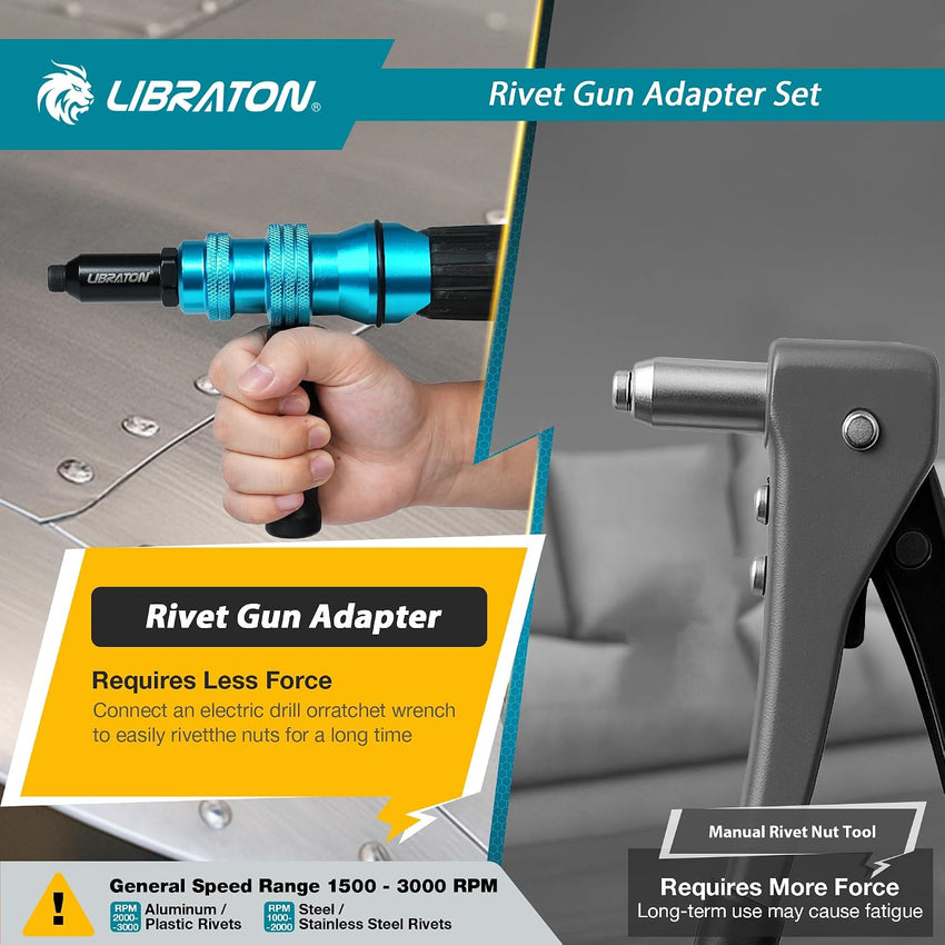Libraton Rivet Gun Adapter for Electric Drill with Handle for Pop Rivets 2.4mm-4.8mm Black