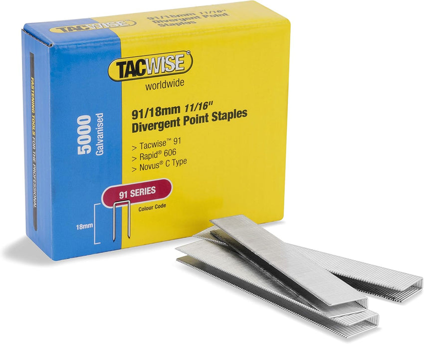 Tacwise Narrow Crown Staples Type 91 18mm Galvanised â Pack 5,000