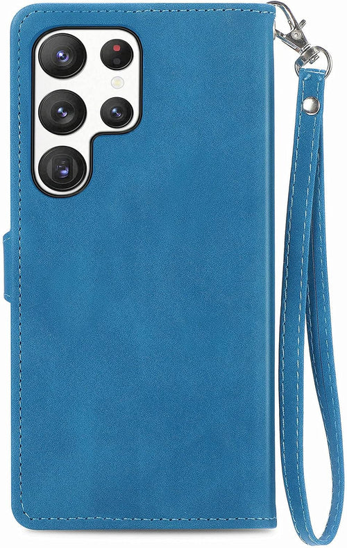 NEXCURIO Zip Wallet Case Compatible with Samsung Galaxy S23 Ultra 5G Phone Case Wallet with Credit Card Holder Strap Stand Women Leather Flip Case Floral Folding Cover Shockproof - Blue