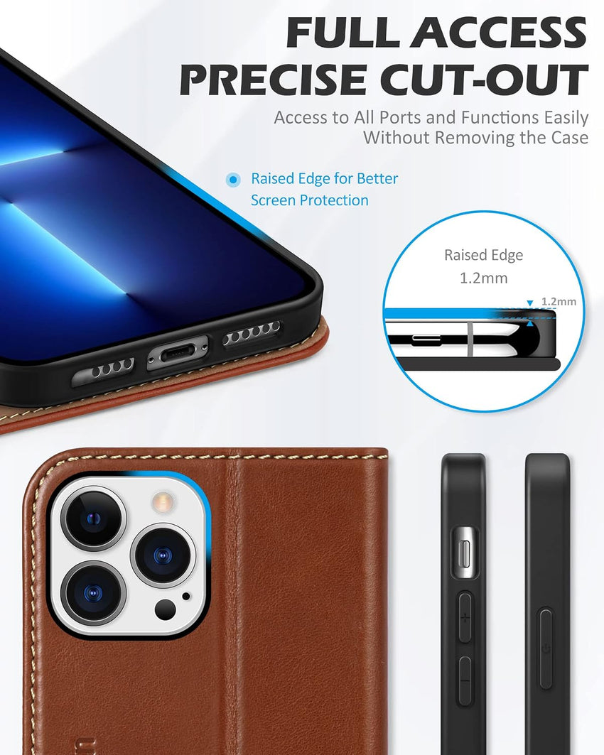 SHIELDON Wallet Case for iPhone 13 Pro Max 5G, Genuine Leather Folio Case [Magnetic][Shock Absorbing][RFID Blocking][Credit Card Slots][Kickstand] Compatible with iPhone 13 Pro Max 6.7", Retro Brown