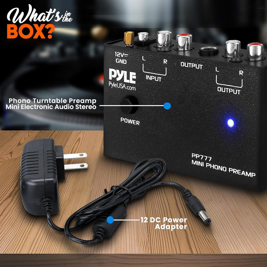 Pyle Output PP777 Phono Turntable Preamp Mini Electronic Audio Stereo Phonograph Preamplifier Input, RCA Output & Low Noise Operation Powered by 12 Volt DC Adapter