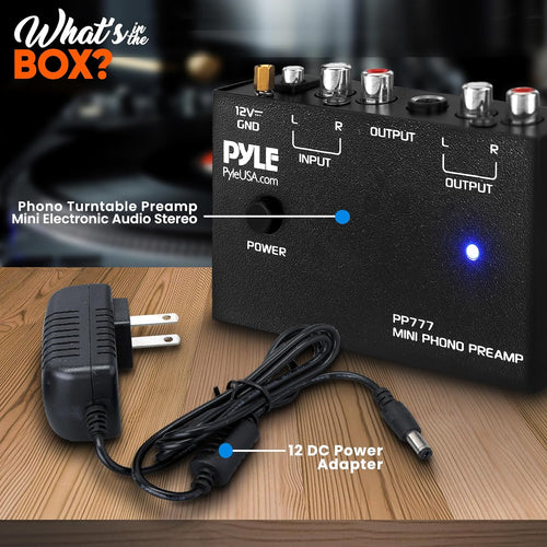 Pyle Output PP777 Phono Turntable Preamp Mini Electronic Audio Stereo Phonograph Preamplifier Input, RCA Output & Low Noise Operation Powered by 12 Volt DC Adapter