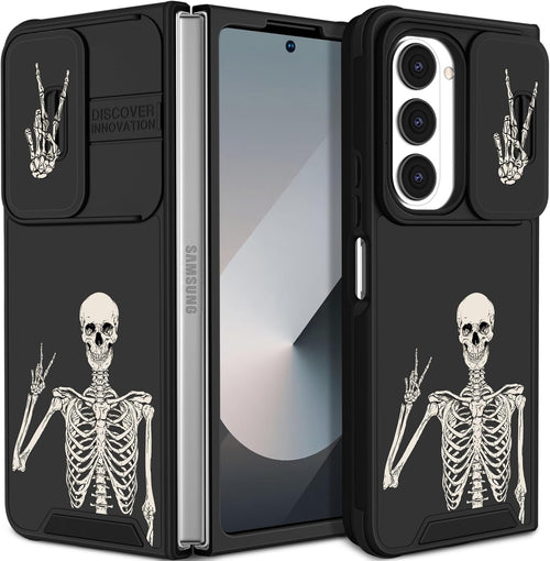 VincitoreModa for Samsung Galaxy Z Fold 6 Case - [2in1] Women Cute Girls Skull Skeleton Phone Cover Ring Holder Stand Girly Cool Aesthetic Fun Slide Camera Cover Design for Samsung Z Fold 6 Case