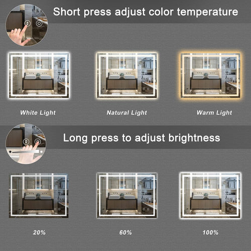 Dripex Bathroom Mirror with LED Lights, 600 * 800 MM Illuminated Backlit Wall Mounted Bathroom Mirrors Vanity Mirror Dimmable Switch 3 Colors and Demister Pad, Horizontal/Vertical