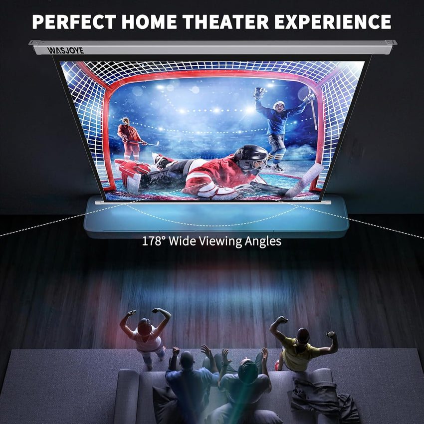 WASJOYE 100"Motorized Projector Screen Electric Diagonal Automatic Projection 16:9 8K HD Movies Screen for Home Theater Cinema Office Video Game Indoor W/Remote Control and Wall/Ceiling Mount
