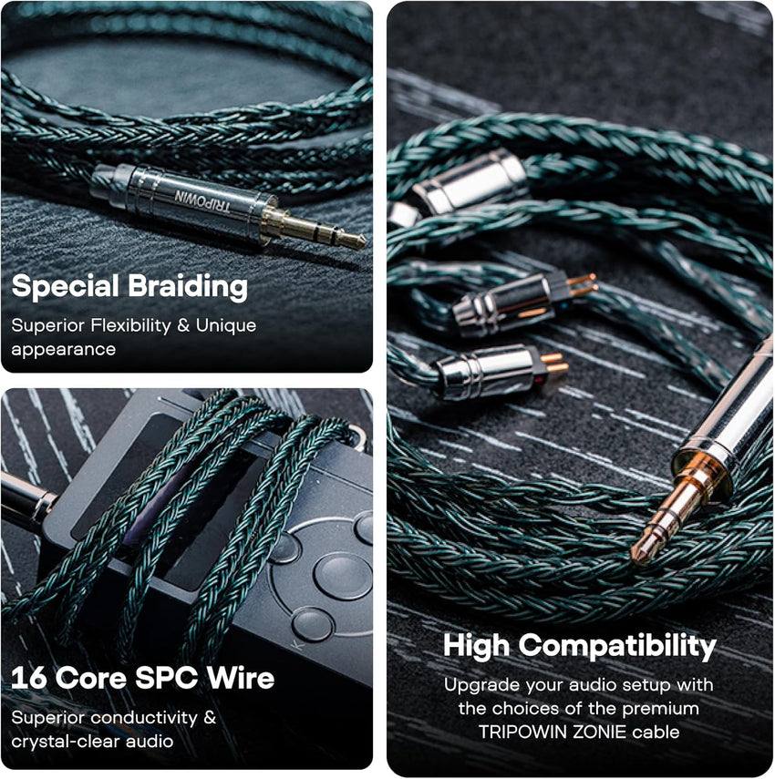 Linsoul Tripowin Zonie 16 Core Silver Plated Cable SPC Earphone cable for 7hz Timeless TINHIFI T3 T2 PRO T4 (MMCX, 3.5mm, Moss)