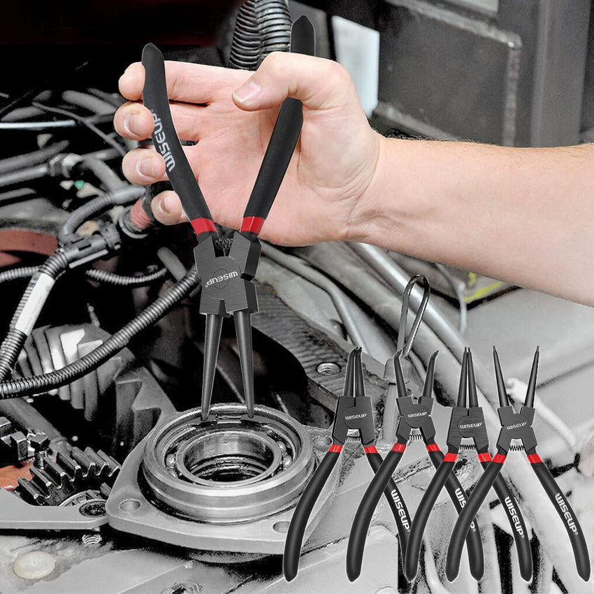 WISEUP Pliers Set, 170mm 4-Piece Bent/Straight Internal External Circlip Pliers, Industrial Carbon Steel plier Set, Anti-Rust, Anti-Bending and Labor-Saving Split Ring Pliers, with Storage Bag