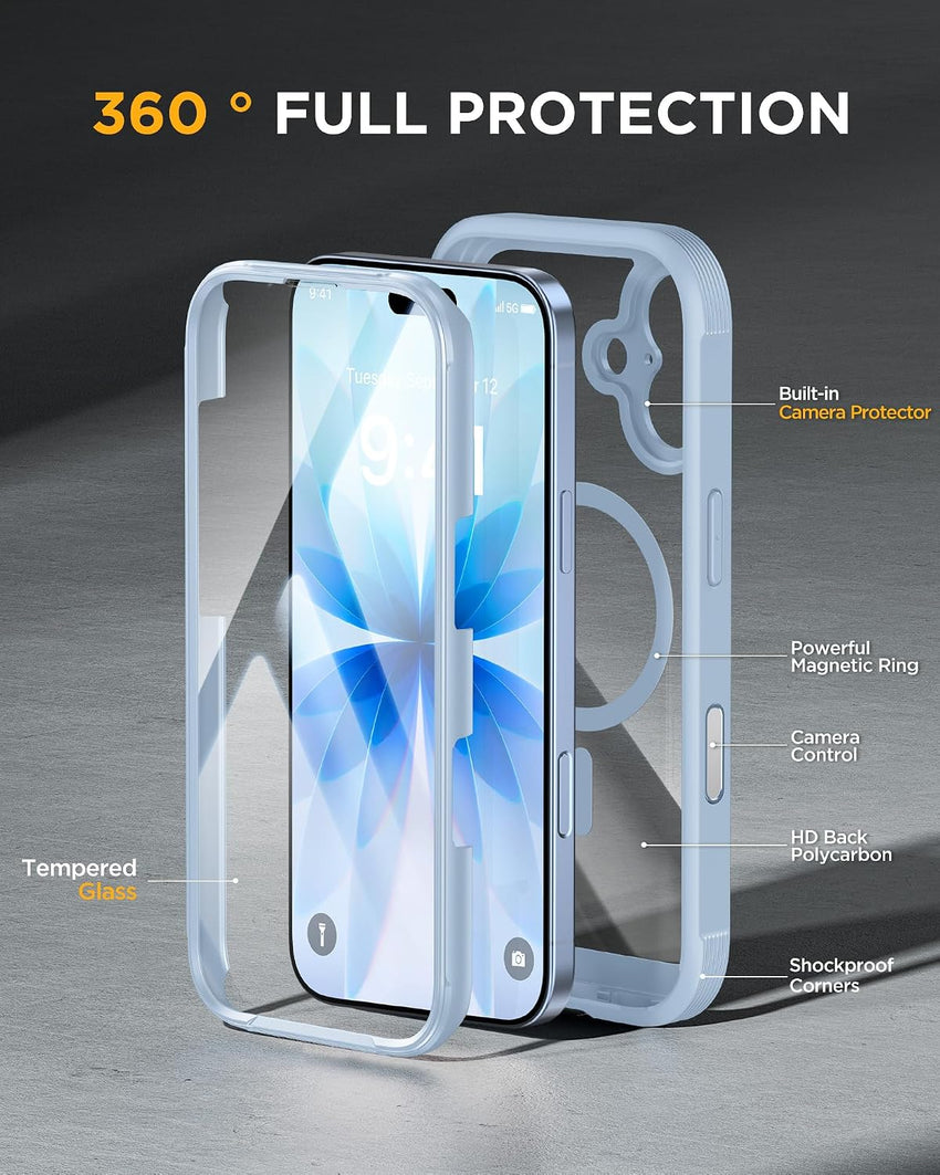 Magnetic Case for iPhone 17 with Built-in Glass Screen Protector, Camera Control Button â Light Blue