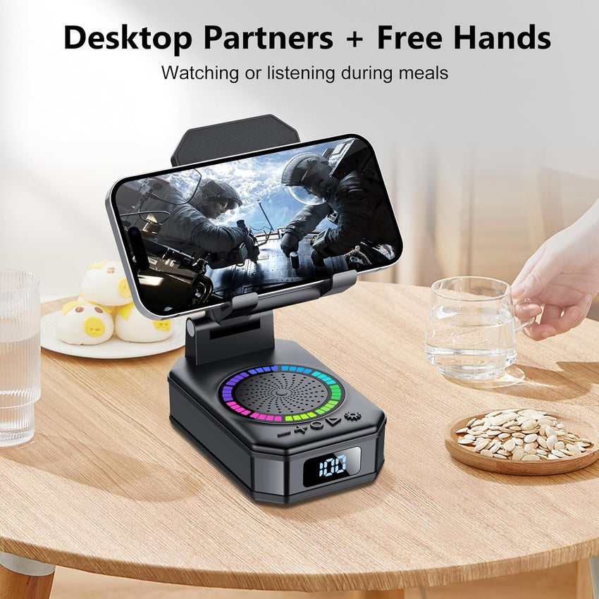 Phone Stand with Bluetooth Speaker 4-in-1 Wireless Charger Foldable RGB Lights