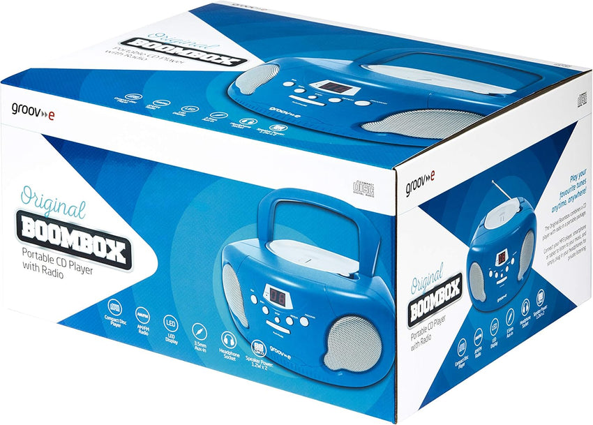 Groov-e Original Boombox - Portable CD Player with Bluetooth, Radio, 3.5mm Aux Port, & Headphone Socket - LED Display, 2 x 1.2W Speakers - Battery or Mains Powered - Blue