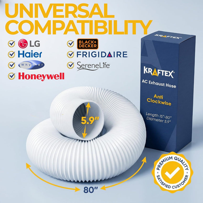 Air Conditioner Hose. Duct Portable Exhaust Vent with 5.9" Diameter, Anti-Clockwise Thread & Length up to 80". Compatible with LG, Delonghi and Many More Portable Air Conditioners