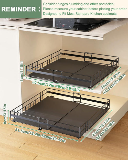 UMDONX 2 Pack Pull out Cabinet Organiser Drawers Kitchen Cupboard Storage, No Punch Extendable Sliding Rack Shelf Adhesive Peel and Stick (Metal, Black)