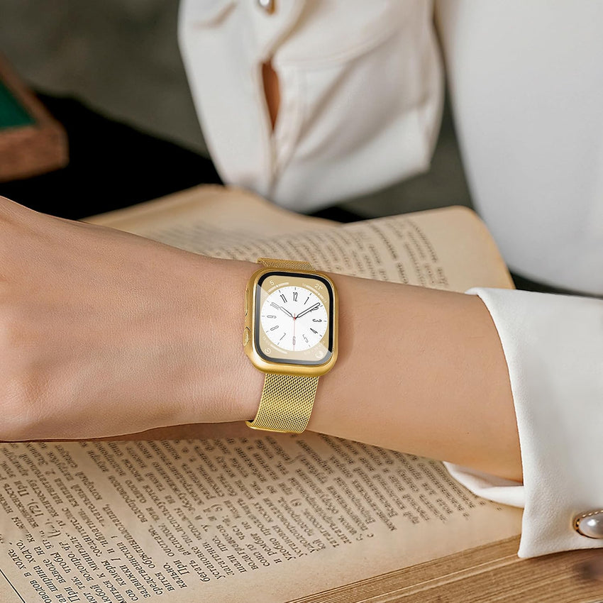 Vamyzji Compatible with Gold Apple Watch Strap 40mm + Protective Case with Screen Protector, Magnetic Milanese Mesh Metal iWatch Strap Women Men for 40mm Apple Watch SE SE 2 SE 3, Series 6 5 4,Gold