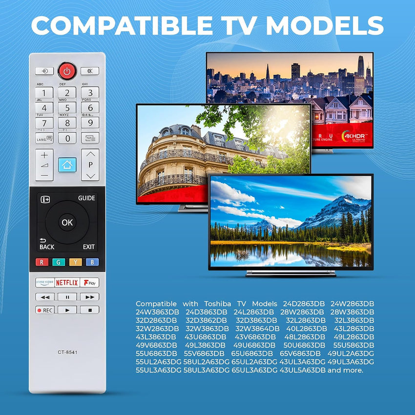Updated Toshiba Remote Control CT854 RC42150P Compatible with Toshiba UHD Freview 2018 2019 Ready HD LCD LED TV with shortcut buttons Prime Video, Netflix, F play Buttons, No Setup Required