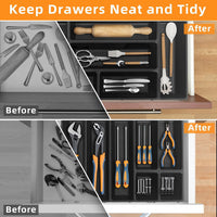 JEHONN Cutlery Drawer Organiser, Utensil Tray for Kitchen Flatware, Adjustable Large Silverware Holder, Compact Plastic Storage Divider with 7 Compartment for Spoons Forks Knives (Black)