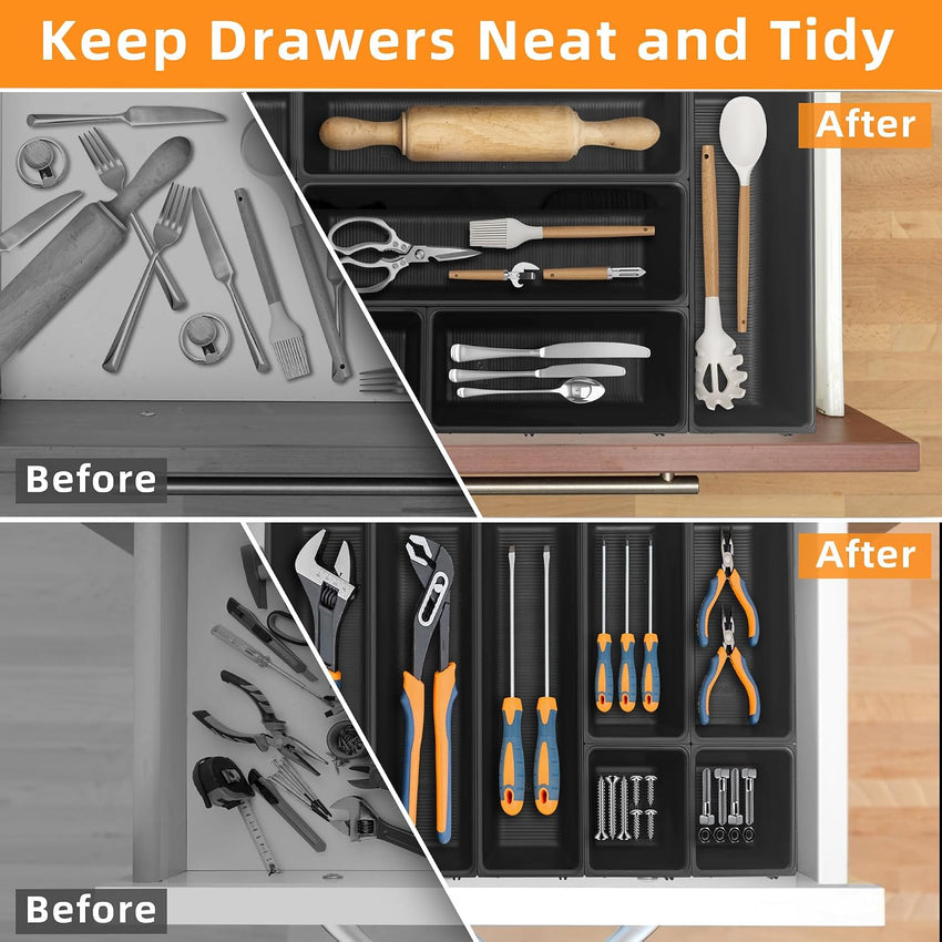 JEHONN Cutlery Drawer Organiser, Utensil Tray for Kitchen Flatware, Adjustable Large Silverware Holder, Compact Plastic Storage Divider with 7 Compartment for Spoons Forks Knives (Black)