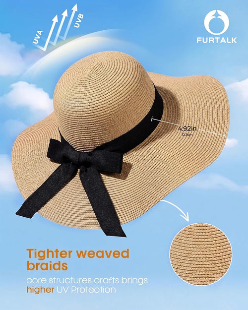 FURTALK Womens Sun Straw Wide Brim UPF 50 Summer Foldable Roll up Floppy Beach Hat for Women Khaki